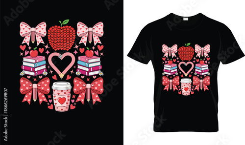 Teacher Valentine Illustration with Books, Apples, Bows and Heart Pencil, Cute Love Design for Teachers, School Valentine Artwork, Educator T Shirt Graphic and Classroom Gift