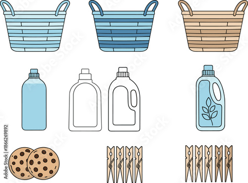 Laundry and household vector icon set, baskets detergent bottles clothespins cookies, flat cartoon home cleaning illustration