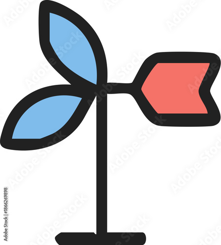 Windmill weather vane with blue blades and red tail.