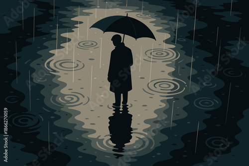 Puddle Reflection Drama. Dramatic reflection of a person holding an umbrella in a rain puddle, moody tones and soft lighting,