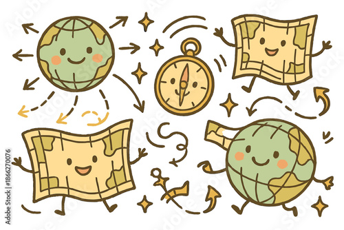 Whimsical Map Creatures. Whimsical doodle historical cartography scene with smiling globes, cartoon maps waving, cheerful