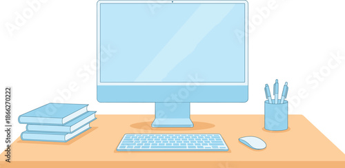 Modern workspace desk illustration with computer monitor keyboard mouse books and stationery clean minimalist office setup