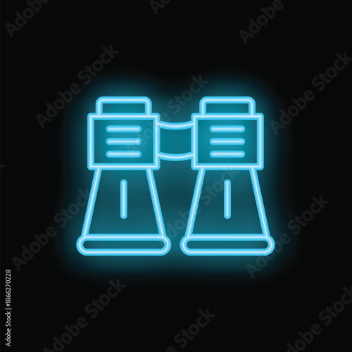 Blue neon binoculars icon glowing on black background representing concepts such as discovery, exploration, and searching