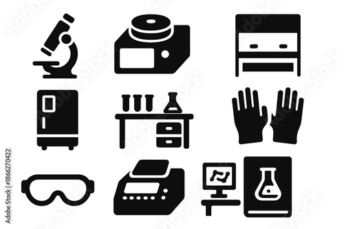 Genetic Research Equipment Icons. Solid style icons of Genetic Research Labs: microscope, centrifuge, biosafety cabinet, incubator