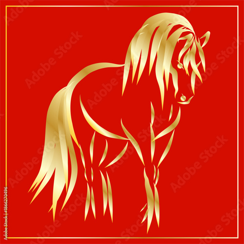 Lunar New Year Mascot Horse Portrait. Calendar Mascot Animal Art. Gold Horse Outline Ink Silhouette Sketch Drawn. Hand Crafted China Zodiac Sign Contour. Greeting Gift Card Decoration Design