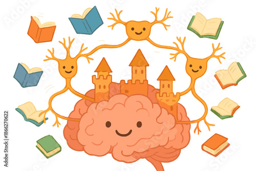 Brain Castle Fantasy. Friendly brain-shaped castle with smiling neurons as towers, playful synapses as bridges, and books floating