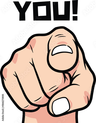 Pointing hand you text vector illustration, finger pointing viewer, attention grabbing sign, isolated cartoon icon, call action concept