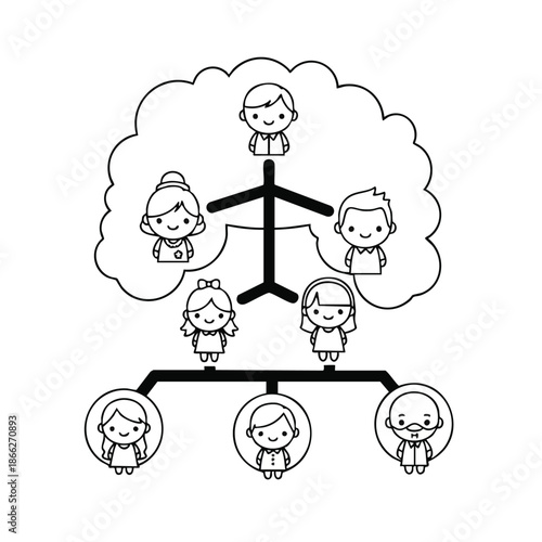 Black and white vector illustration of a family tree with cartoon characters in a simple, line-art style against a clean background.