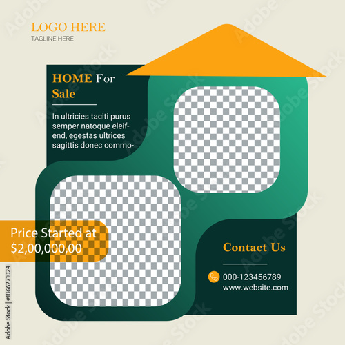 This real estate social media post bundle design features a home for sale. The post includes a placeholder for the logo, a description of the property, the starting price, and contact information.