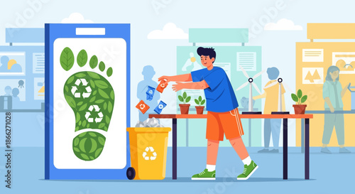 Young man actively recycling waste promoting environmental sustainability.