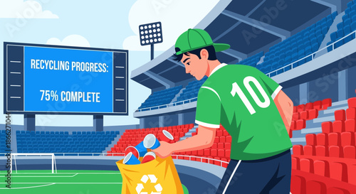 Young man in green jersey actively collecting trash in a yellow recycling bag.