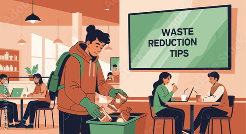 Young man responsibly disposing of waste in a public setting.