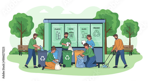 Group of people actively engaged in waste sorting and recycling in a park setting.