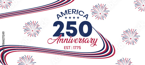 America 250th Anniversary Banner with Fireworks and Flowing Red Blue Lines, USA Independence Celebration
