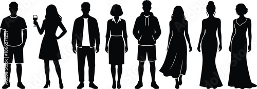 Standing people silhouette vector set, stylish men and women full body poses, black isolated figures for design use