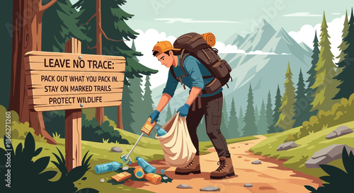 Hiker picking up trash on a trail practicing Leave No Trace principles.