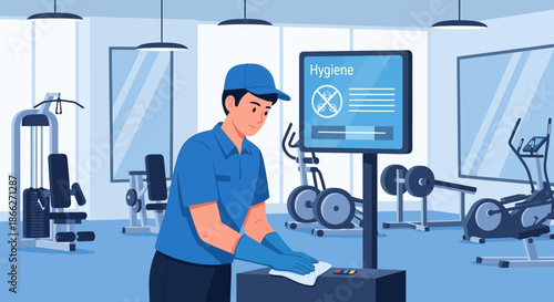 Janitor cleaning gym equipment for hygiene and safety.