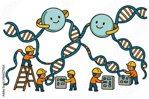 Cheerful Histone Workshop. Friendly molecular workshop with histones as cheerful spools, DNA wrapping like ribbons, and tiny