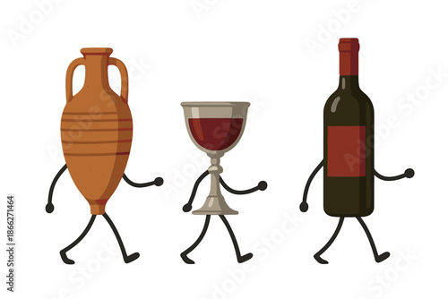 Wine Through Ages. Timeline of wine history with ancient amphorae, medieval goblets, and modern bottles parading together No text,