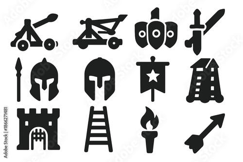 Ancient Warfare Icons. Solid style icons of Ancient Warfare: Catapult, Ballista, Shield Wall, Sword, Spear, Helmet, War Banner,