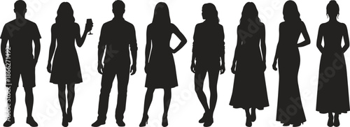 Standing people silhouette vector set, stylish men and women poses, black isolated full body figures for design