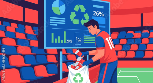 Man collecting trash in a stadium for recycling.