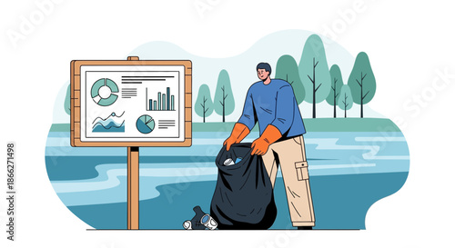 Man in gloves collecting trash in a bag.