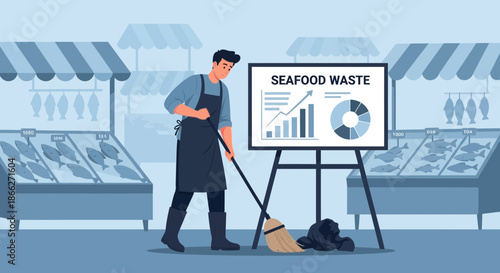 Man Sweeping Floor Near Seafood Waste Presentation Board.