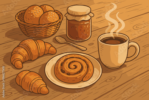 Rustic Breakfast Scene. Rustic breakfast vector illustration table with fresh pastries, jam, and a steaming cup of coffee, soft