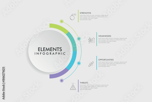 SWOT Analysis Infographics Diagram with Four Steps or Options. Business Advantages and Disadvantages. Colorful Presentation Template for Planning, Management, and Evaluation of Project.