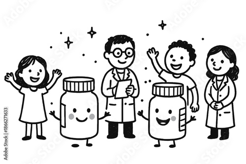 Cheerful Clinical Trial. Cheerful doodle placebo-controlled trial with happy volunteers, cartoon pill bottles with faces, smiling