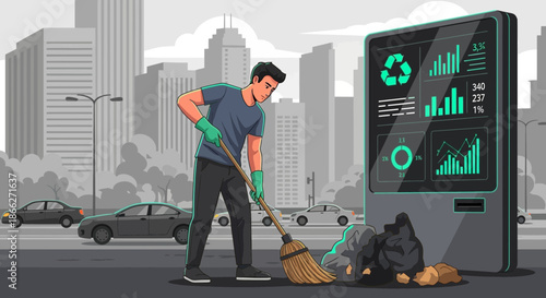 Man sweeping street with broom next to smart waste management display.