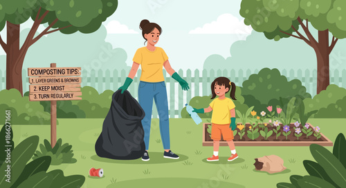 Mother and daughter gardening together promoting environmental care.