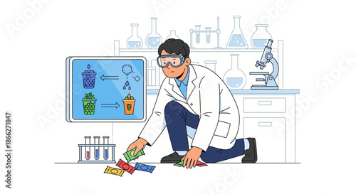 Scientist in lab coat and goggles conducting experiment with test tubes.