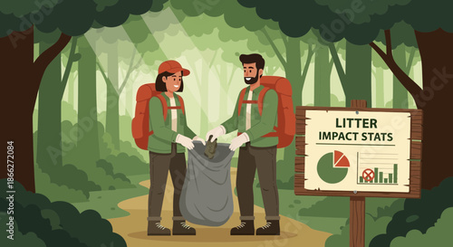 Two volunteers collecting litter in a forest promoting environmental cleanup.