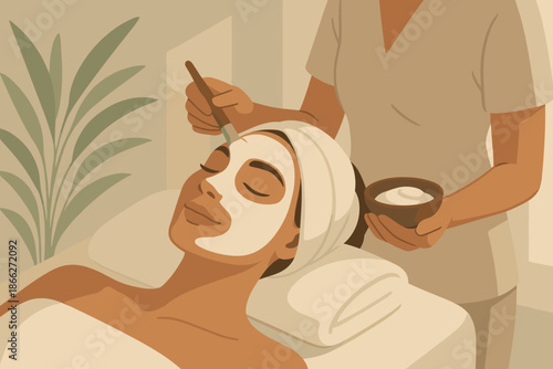 Serene Spa Treatment. Relaxed woman receiving a facial treatment in a spa, illuminated by soft natural light, serene and calming