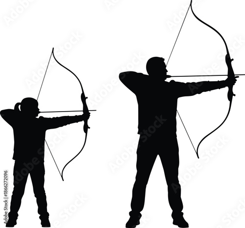 Silhouette of child and adult archers aiming arrows with recurve bows in identical posture, symbolizing skill, training, and mentorship.