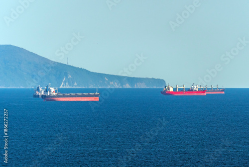 August 22 2025 Oil tankers waiting for loading in Tsemesskaya Bay near Novorossiysk Russia on the Black Sea. Large vessels anchored offshore