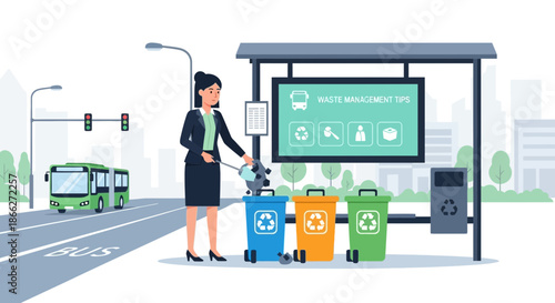 Woman sorting waste into recycling bins at a bus stop.