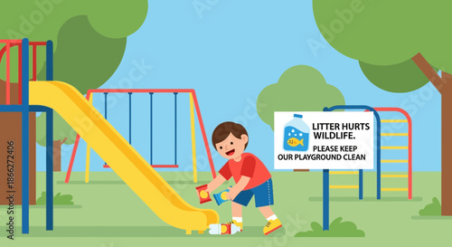 Young boy actively picking up litter in a playground.