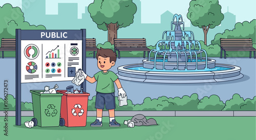 Young boy actively recycling waste in a public park.