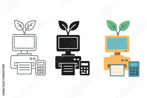 Fusion of Nature and Tech. Hybrid plant-machine illustration with foliage integrated into office device forms, first in line style