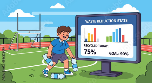 Young boy collecting plastic bottles for recycling promoting waste reduction.