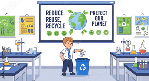 Young boy responsibly disposing of trash in a recycling bin.