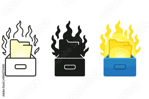 Glowing Folder Trio. Glowing folder emerging from cabinet drawer surrounded by faint spirit aura, first in line style with thin