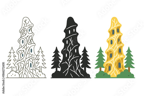 Mycelium Tower Design. Mycelium-based architecture tower integrated into forest landscape, first in line style with thin outline,