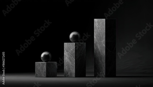 Three textured pillars of ascending height with spherical objects in dramatic lighting