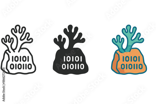 Cryptogamic Code Fusion. Abstract fusion of cryptogamic growth and binary code etched into stone, first in line style with thin