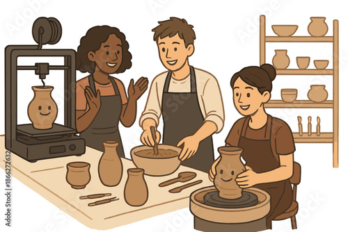 Innovative Ceramics Studio. Modern ceramics studio with 3D printers smiling, traditional wheels spinning, and artists