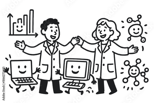 Joyful Lab Collaboration. Playful doodle scientific collaboration with characters in lab coats smiling, data charts with faces,